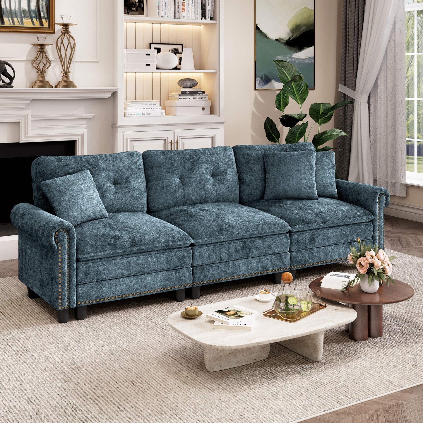 Captiva Designs Mid-Century Modern Modular Cloud Couch with Ottoman, Deep Seat Sectional Sofa with Throw Pillows
