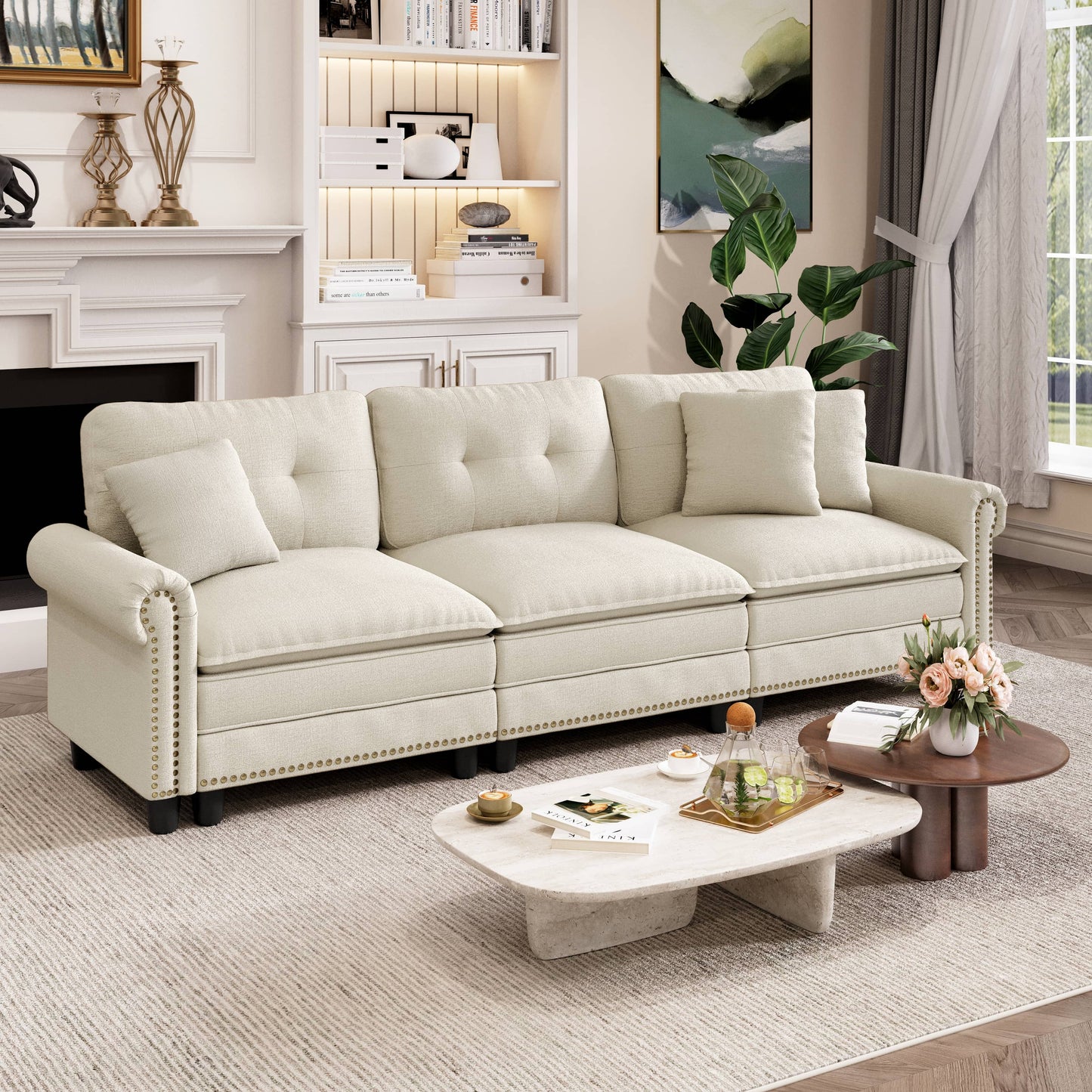 Captiva Designs Mid-Century Modern Modular Cloud Couch with Ottoman, Deep Seat Sectional Sofa with Throw Pillows