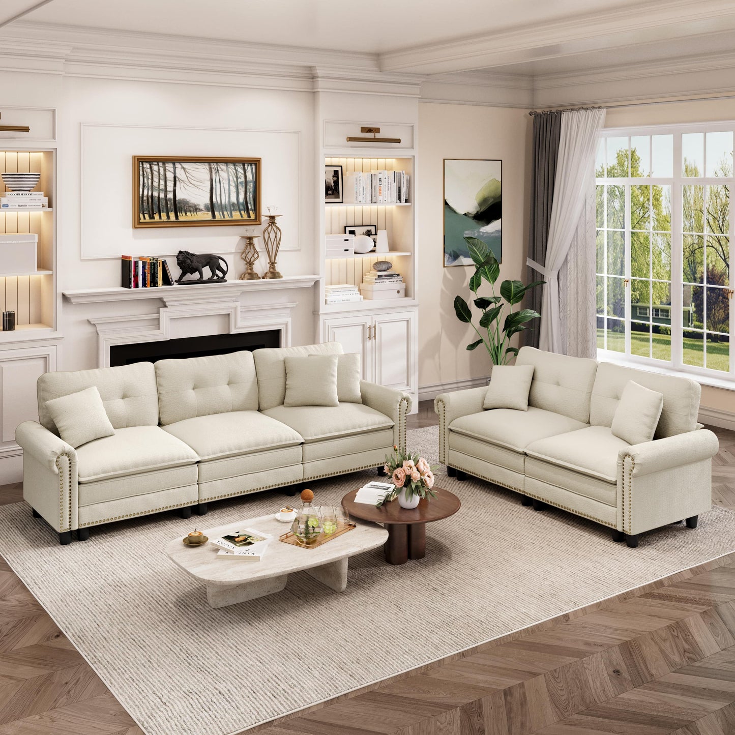 Captiva Designs Mid-Century Modern Modular Cloud Couch with Ottoman, Deep Seat Sectional Sofa with Throw Pillows