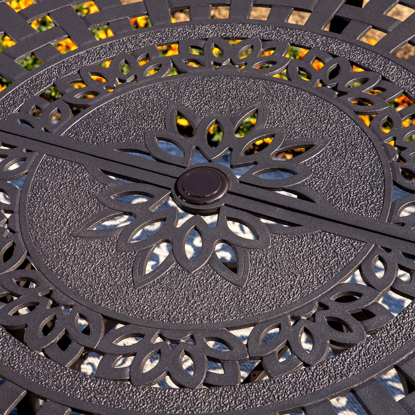 Captiva Designs 7pc Cast Aluminum Bar Height Patio Dining Set with Round Table with Umbrella Hole & Swivel Stools