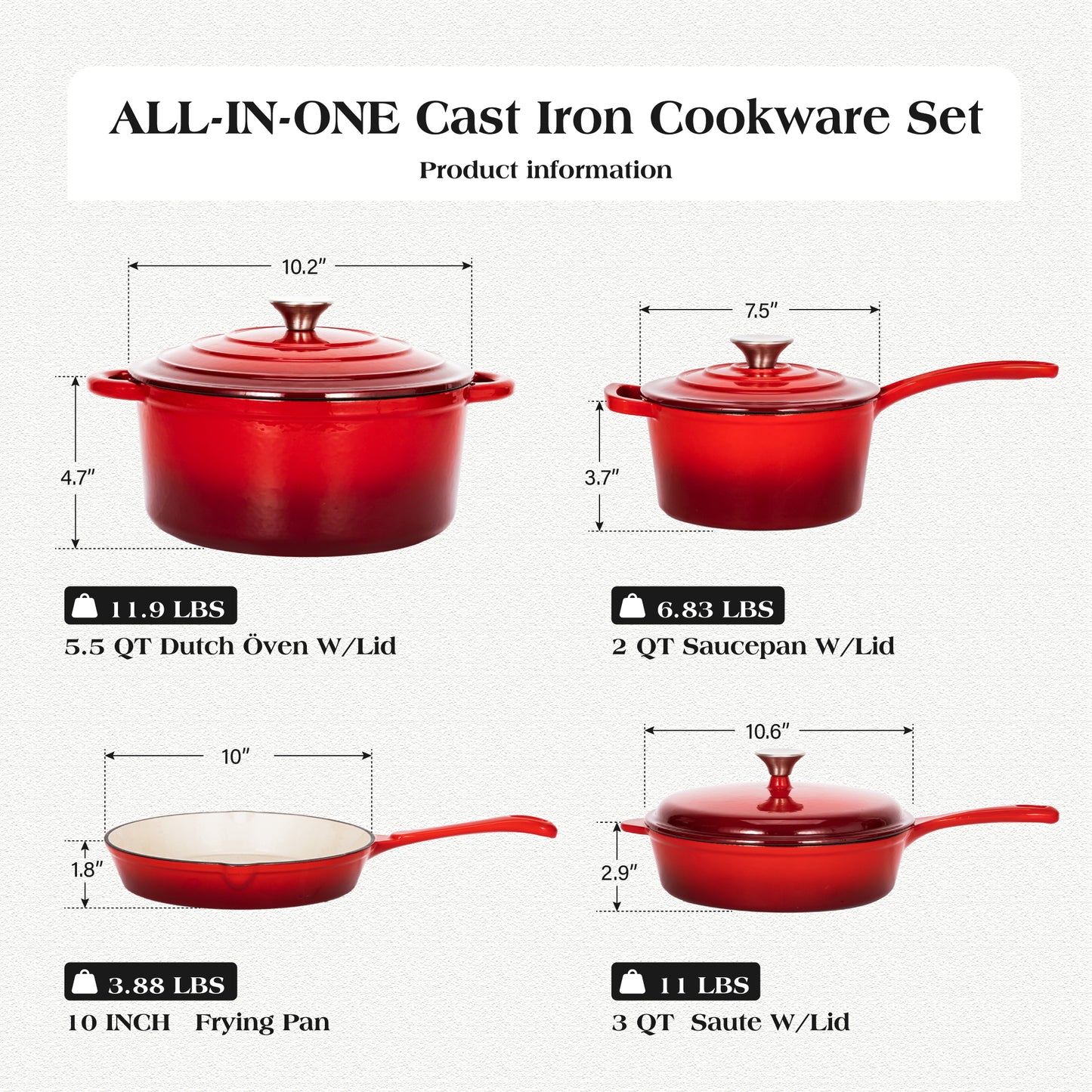 Captiva Designs Enameled Rust Resistance Cast Iron Cookware Set
