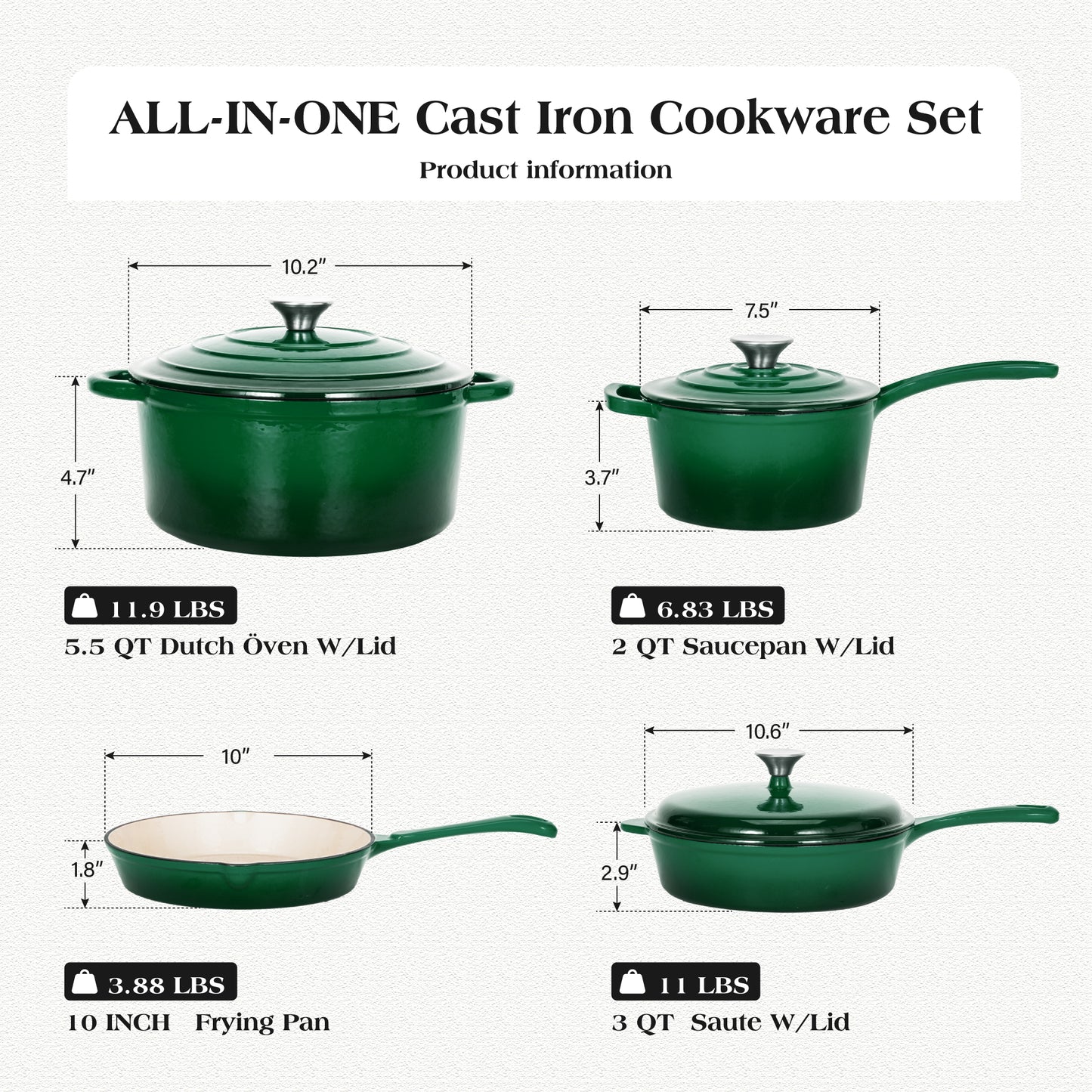 Captiva Designs Enameled Rust Resistance Cast Iron Cookware Set
