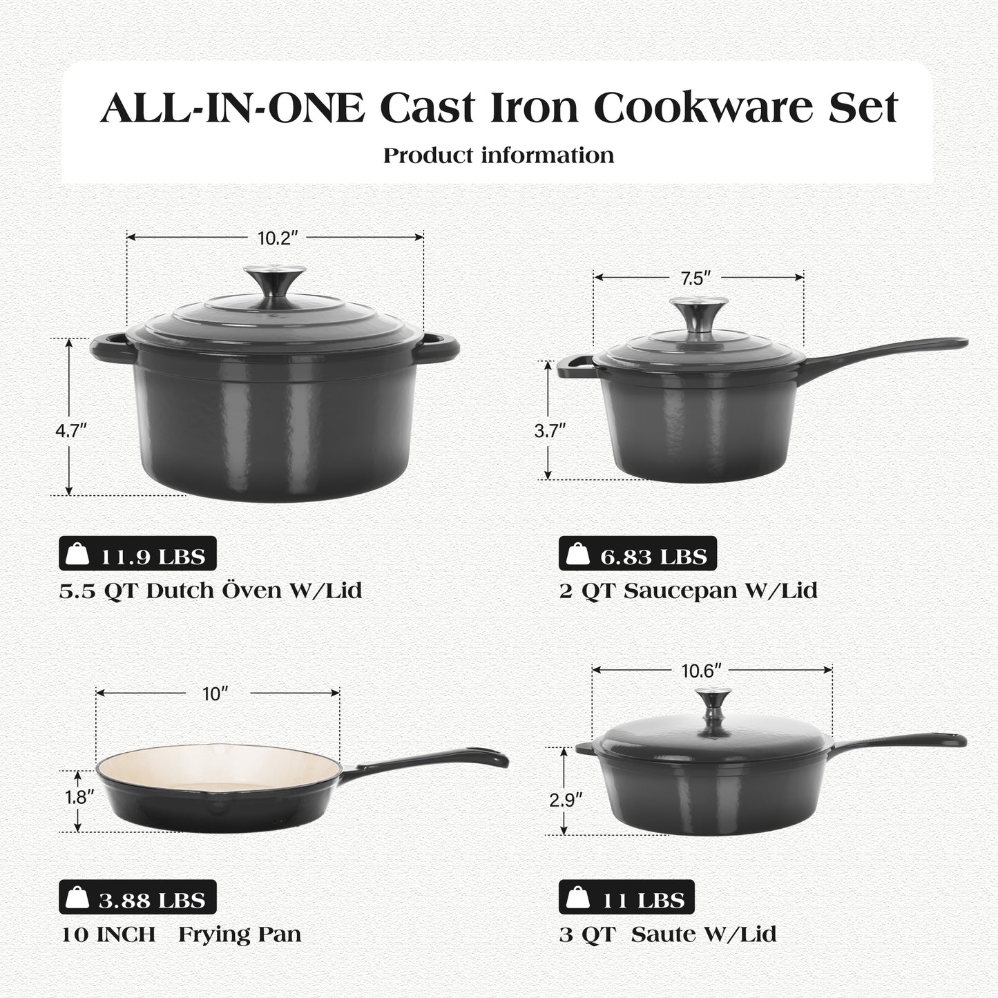 Captiva Designs Enameled Rust Resistance Cast Iron Cookware Set