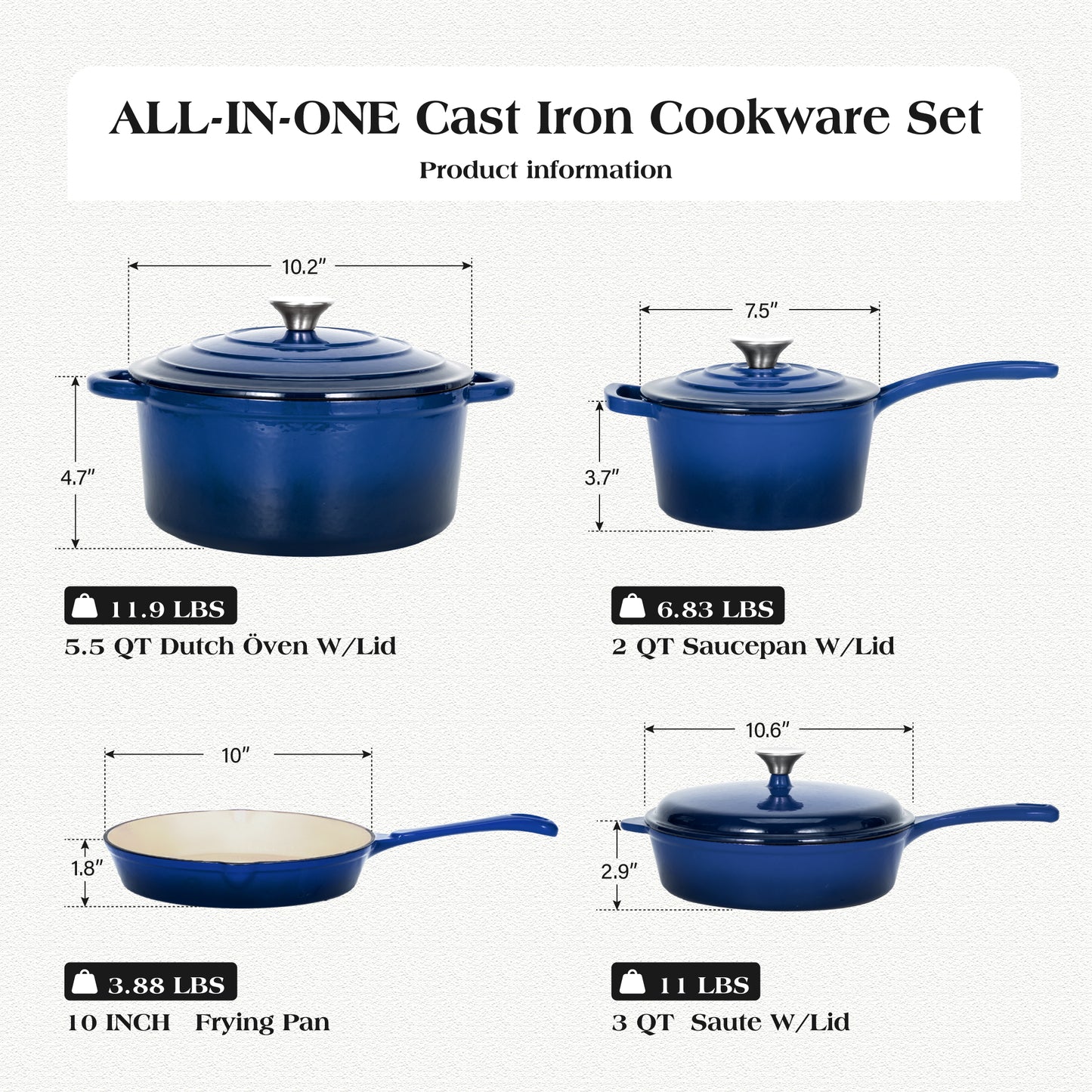 Captiva Designs Enameled Rust Resistance Cast Iron Cookware Set