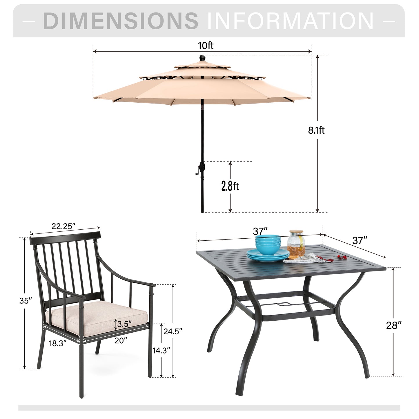 Captiva Designs 6pc Patio Square Steel Dining Table & Stylish Cushioned Chairs & 10ft Market Umbrella
