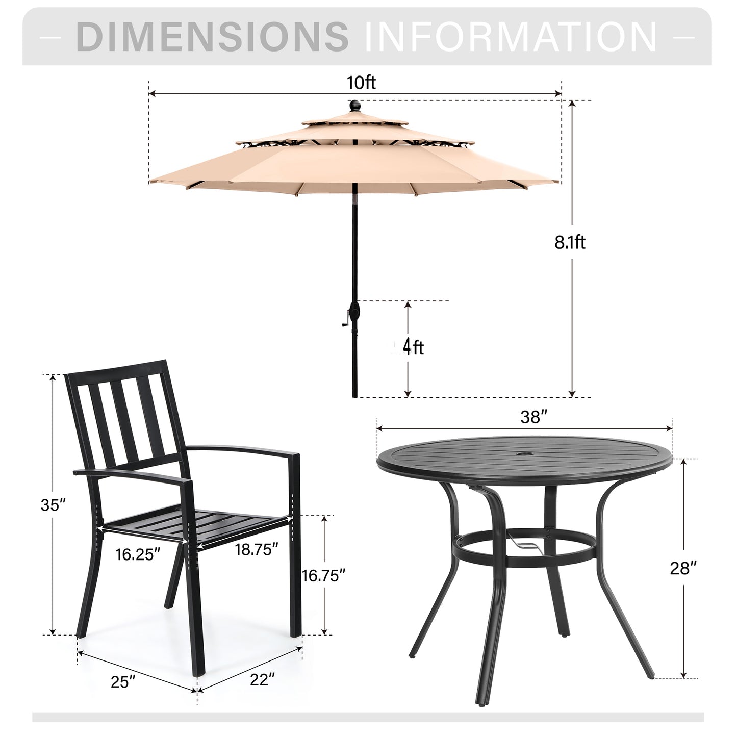 Captiva Designs 6pc Patio Round Dining Table & Stackable Fixed Chairs & 10ft 3 Tier Auto-tilt Umbrella