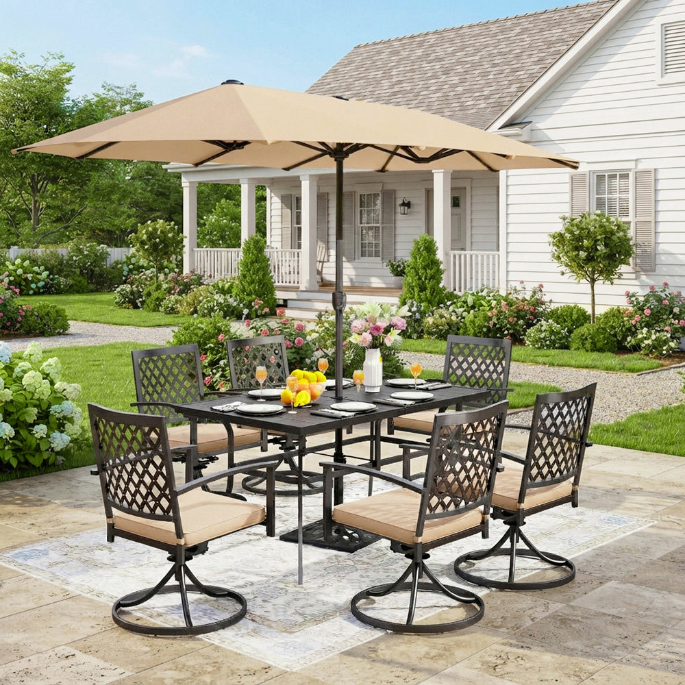 Captiva Designs 8pc Patio Dining Set with Rectangular Steel Table & Black Steel Chairs & Beige Umbrella