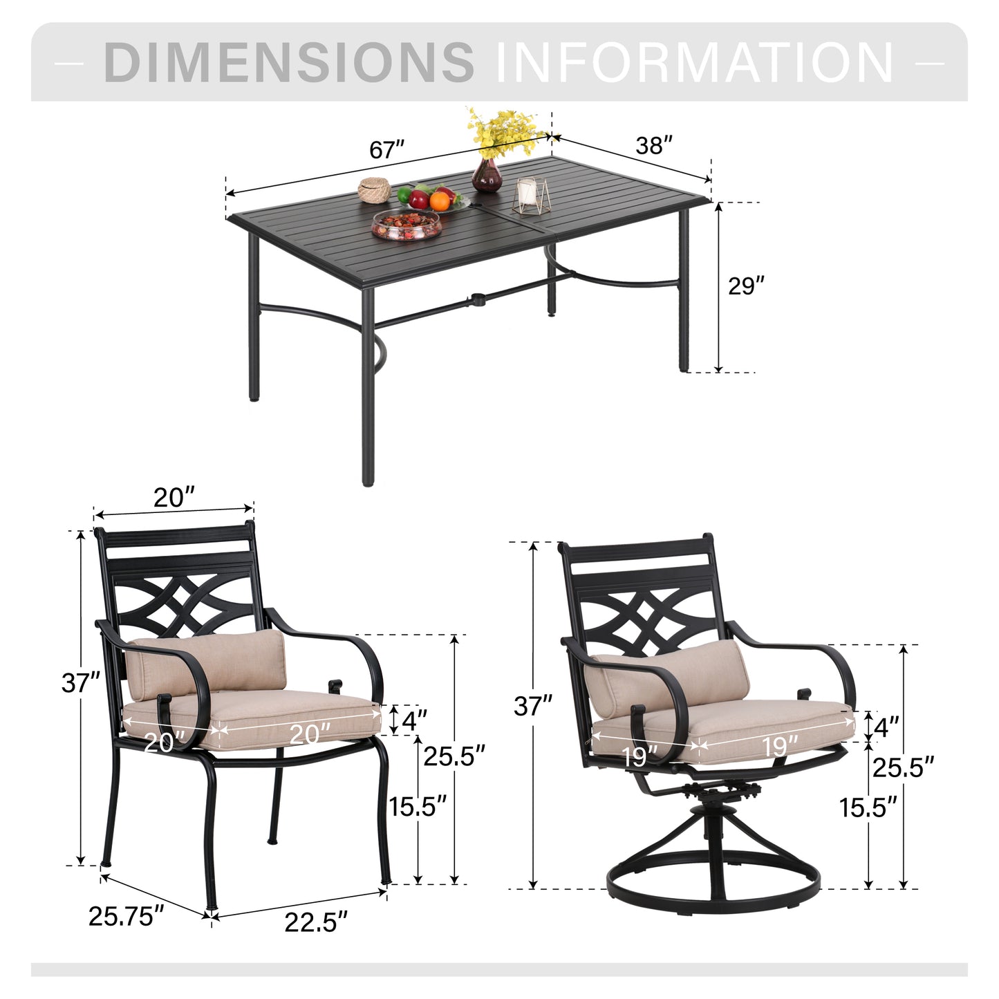 Captiva Designs 7pc Patio Slatted Top Steel Dining Table & Metal Chairs with Seat Cushions and Waist Pillows