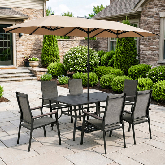 Captiva Designs 8pc Patio Dining Slat-top Steel Table & Aluminum Stackable Chairs & Market Umbrella