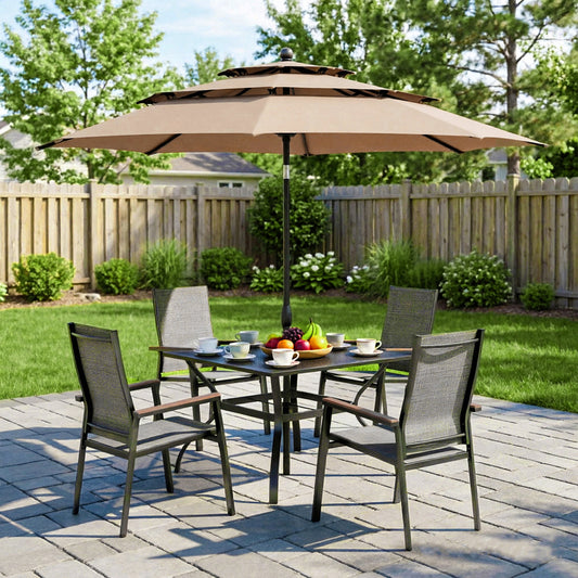 Captiva Designs 6pc Patio Dining Slat-top Steel Table & Aluminum Stackable Chairs & Market Umbrella