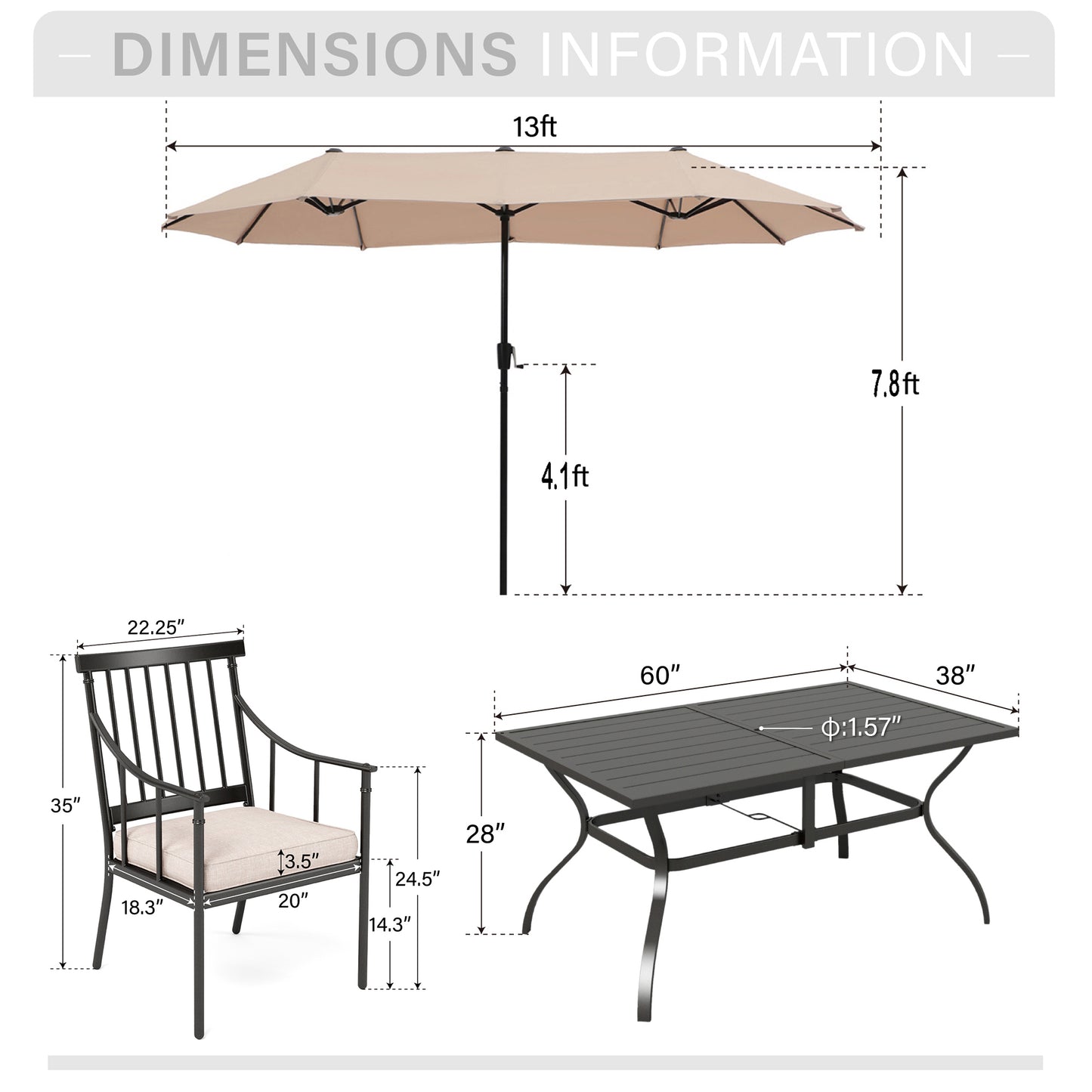 Captiva Designs 8pc Patio Dining Black Rectangular Table & Stylish Metal Chairs & Market Umbrella