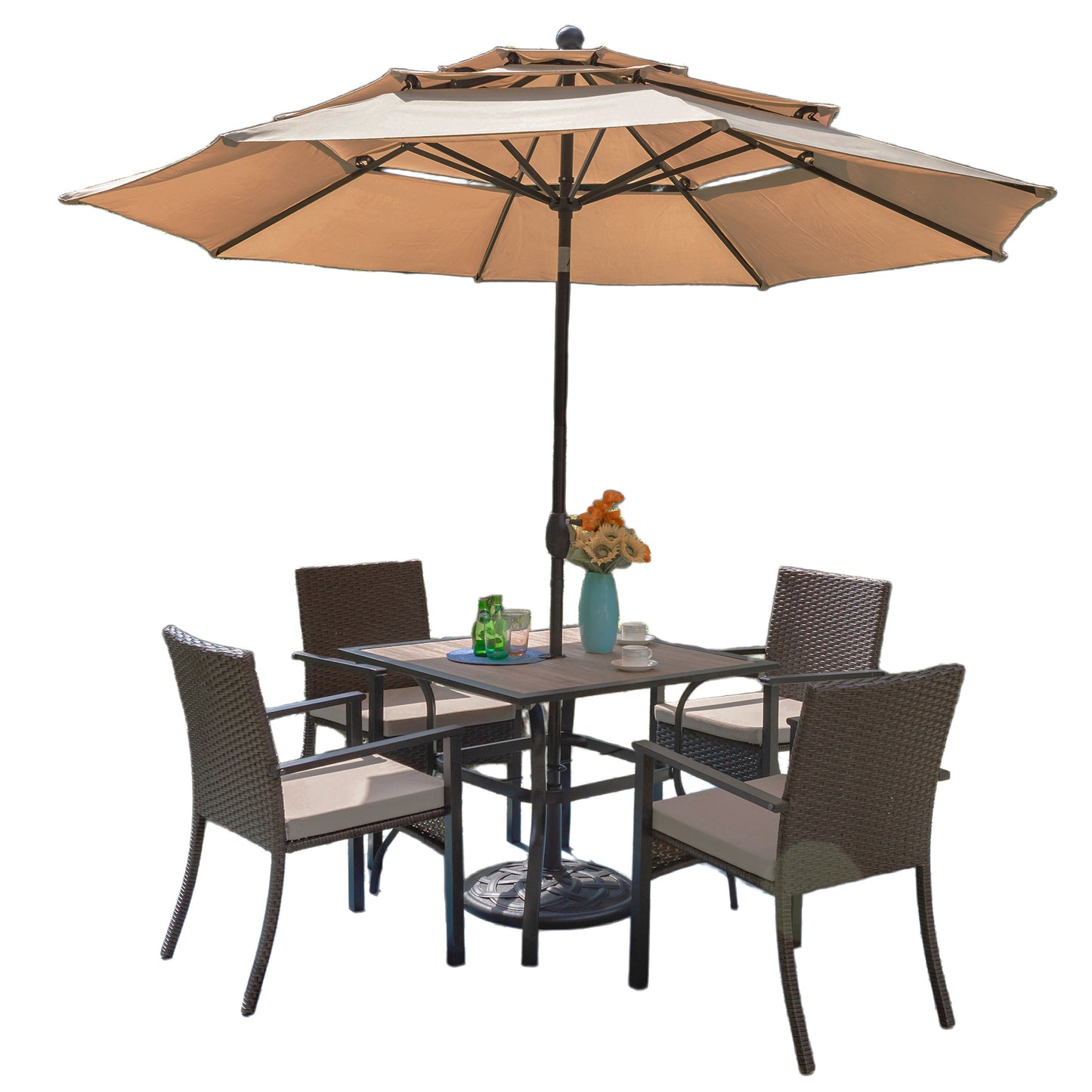 Captiva Designs 6pc Outdoor Patio Steel Dining Table & Rattan Haiti Chairs & Market Umbrella
