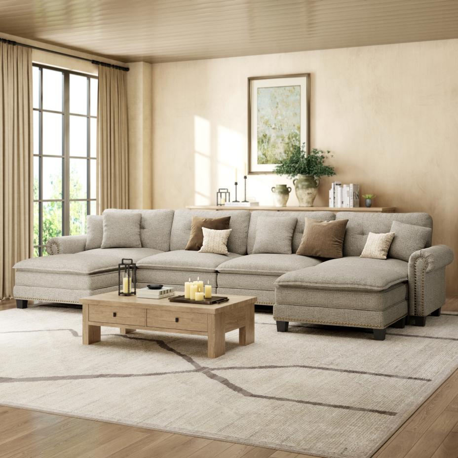 HERA'S HOUSE 150" Classic Mid-Century Modern Couch, Oversized U Shaped Pet Friendly Couch for Living Room, Comfy Cloud Sofa with Ottoman, 6-Seater Deep Seat, Linen Light Grey