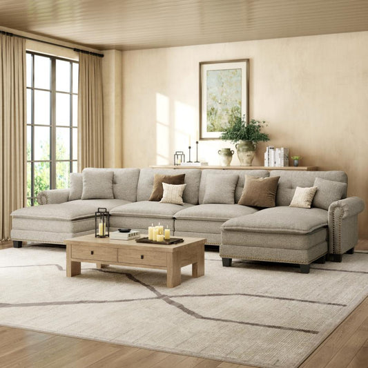 HERA'S HOUSE 150" Classic Mid-Century Modern Couch, Oversized U Shaped Pet Friendly Couch for Living Room, Comfy Cloud Sofa with Ottoman, 6-Seater Deep Seat, Linen Light Grey