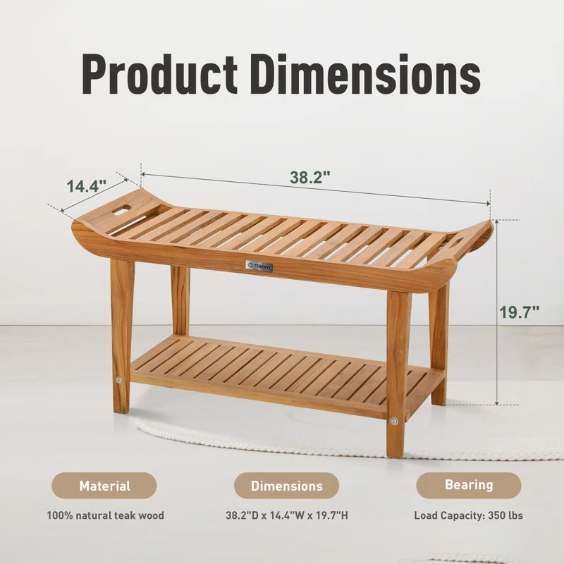 TEAKON Teak Shower Bench, Rect. Bathroom Shower Stool with Storage Shelf Waterproof Wood Bench, Shower Seat