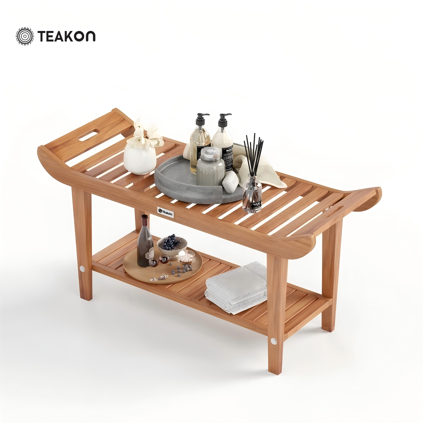 TEAKON Teak Shower Bench, Rect. Bathroom Shower Stool with Storage Shelf Waterproof Wood Bench, Shower Seat