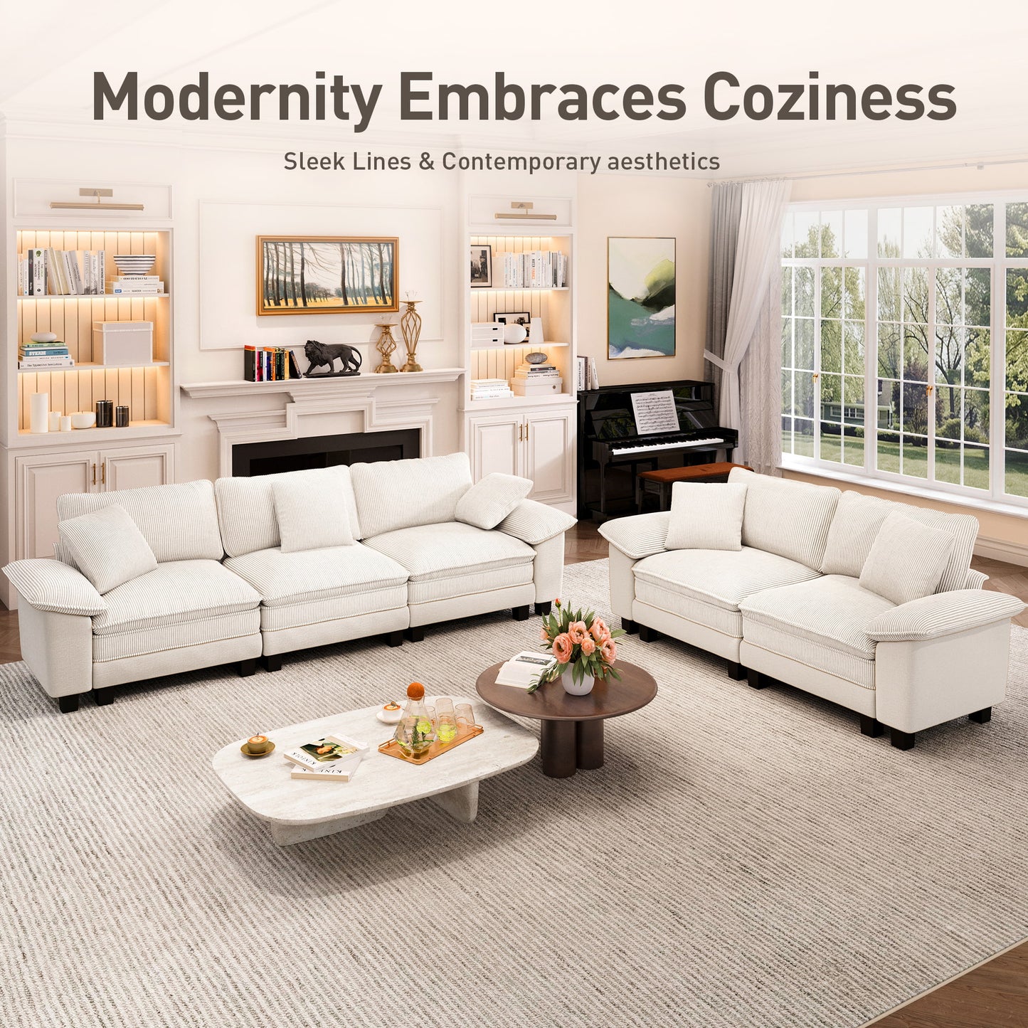 Captiva Designs 123.6" Cloud Modular Sofa, 3-Seater Deep Seat Sectional Couch for Living Room