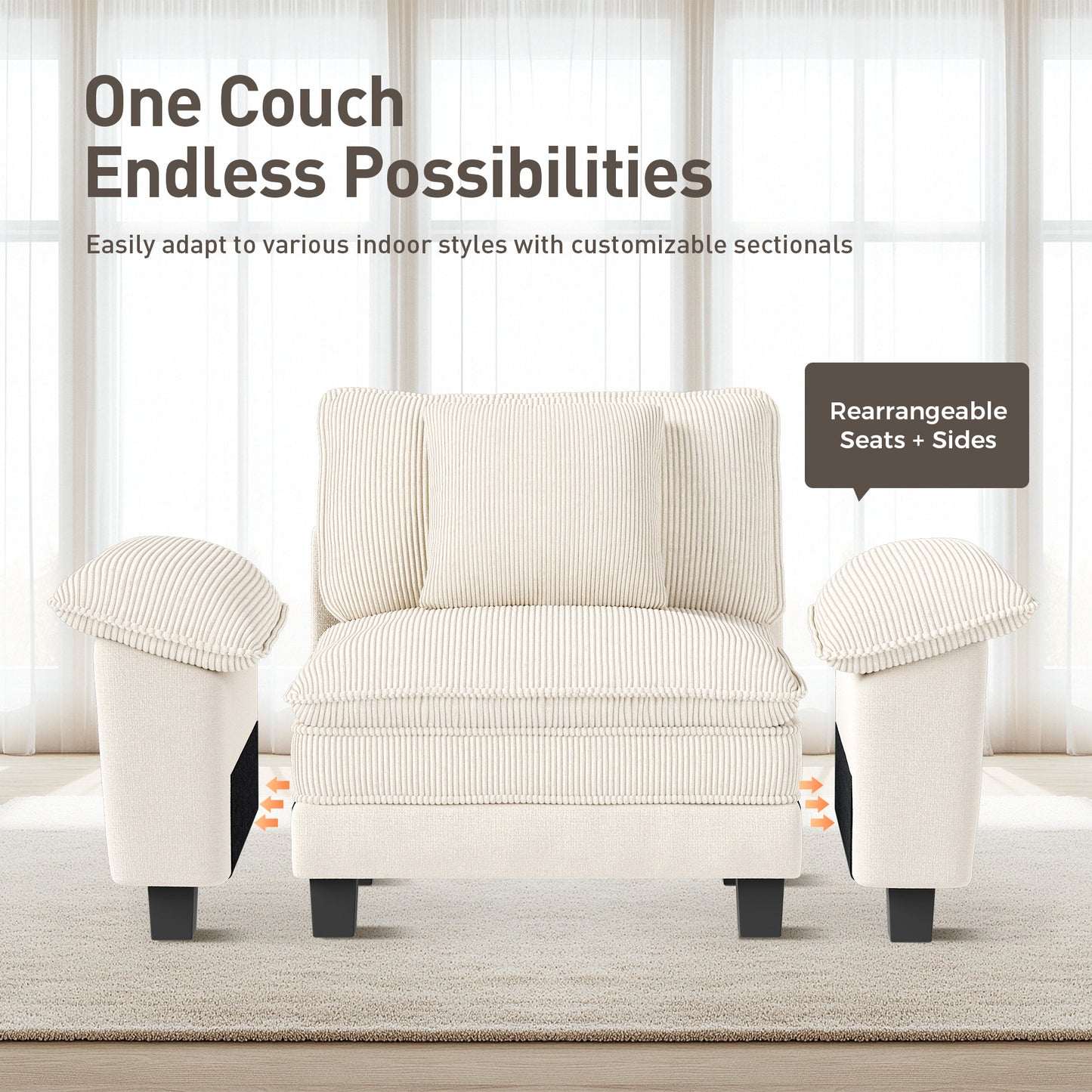 Captiva Designs 123.6" Cloud Modular Sofa, 3-Seater Deep Seat Sectional Couch for Living Room