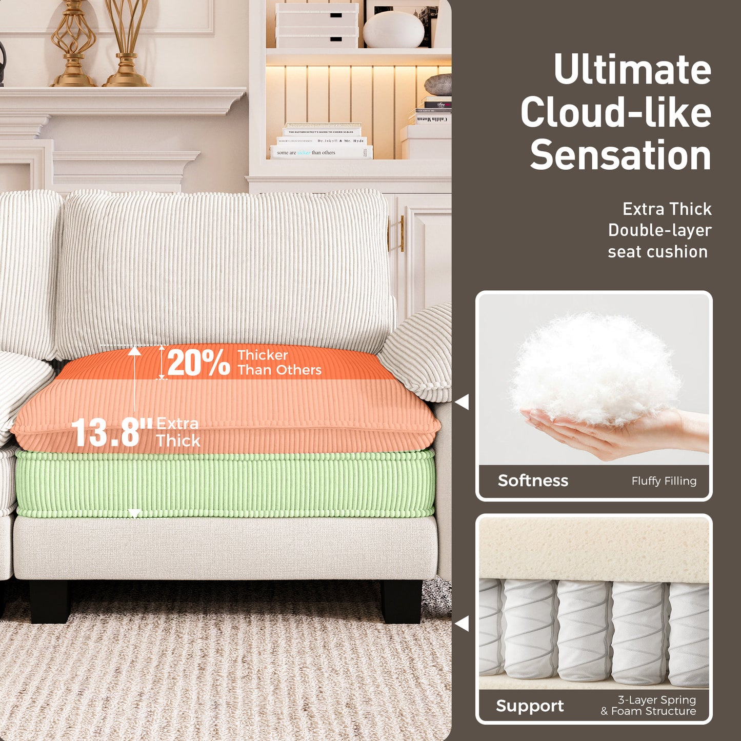 Captiva Designs 123.6" Cloud Modular Sofa, 3-Seater Deep Seat Sectional Couch for Living Room