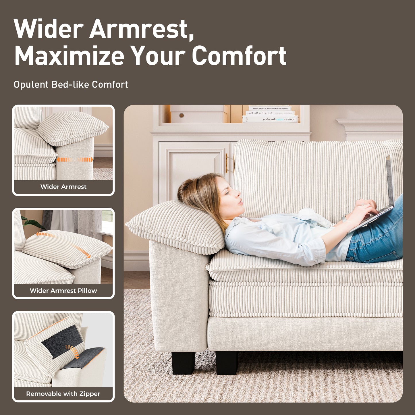 Captiva Designs 123.6" Cloud Modular Sofa, 3-Seater Deep Seat Sectional Couch for Living Room