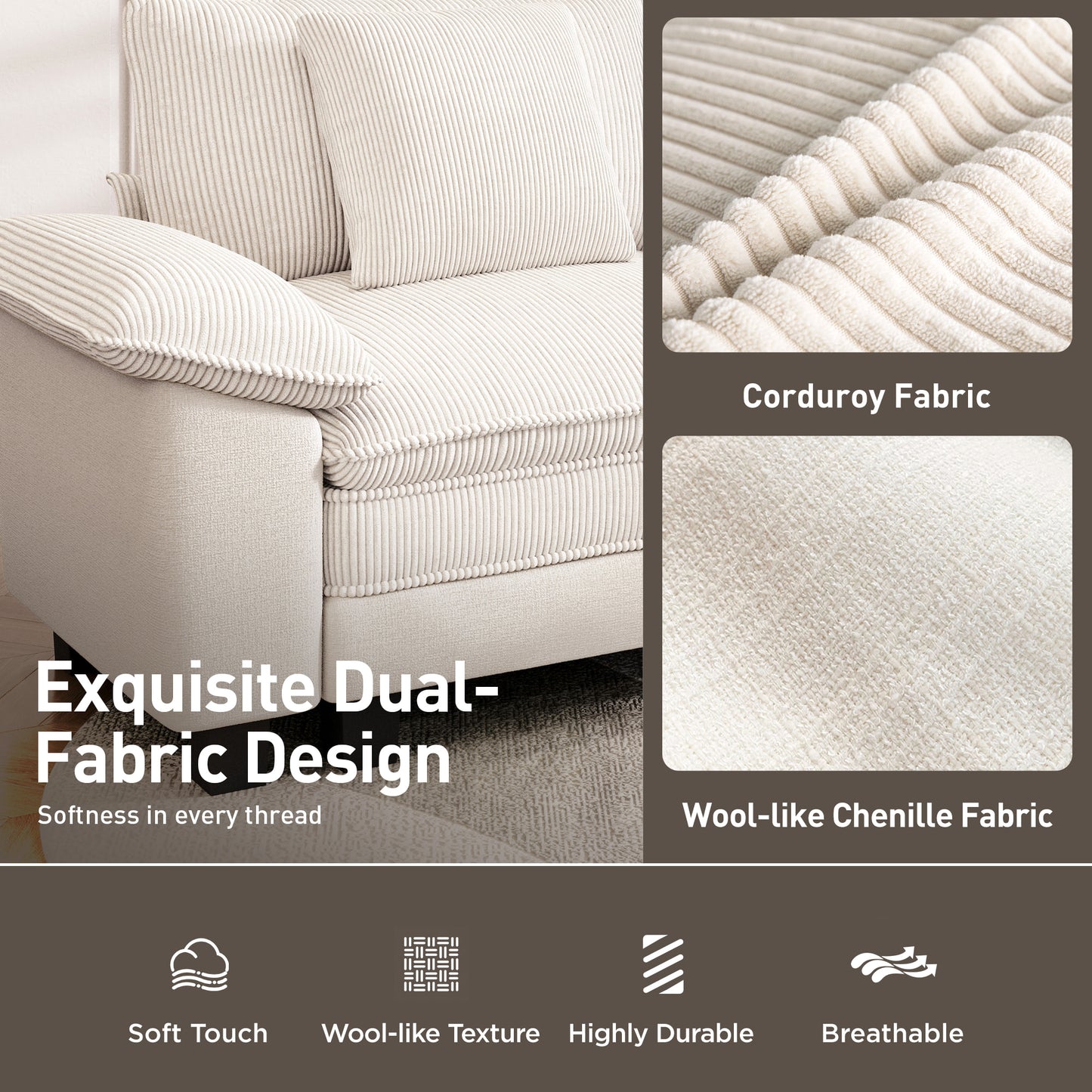 Captiva Designs 123.6" Cloud Modular Sofa, 3-Seater Deep Seat Sectional Couch for Living Room