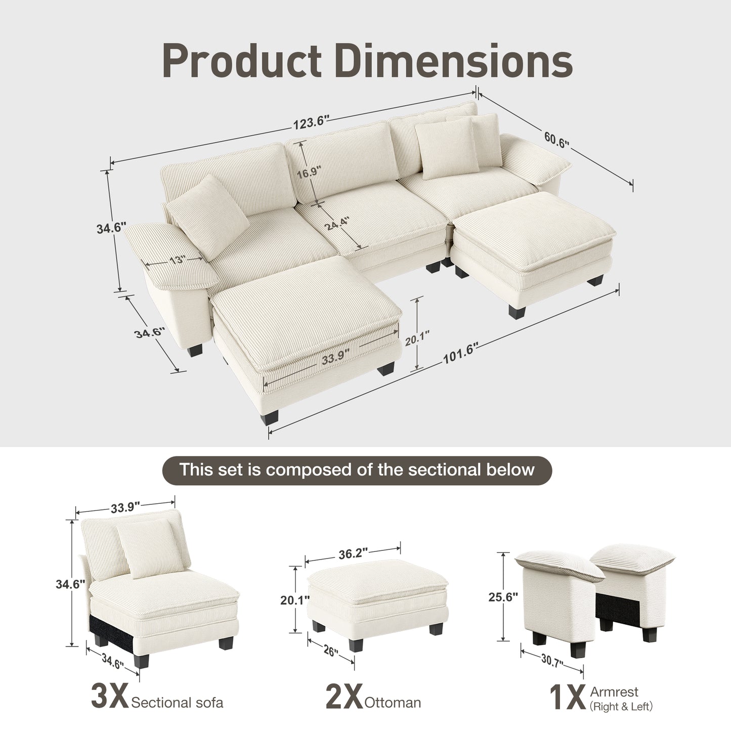 Captiva Designs Cloud Modular Sectional Sofa, 123.6" U-Shaped 5-Seater with 2 Ottomans
