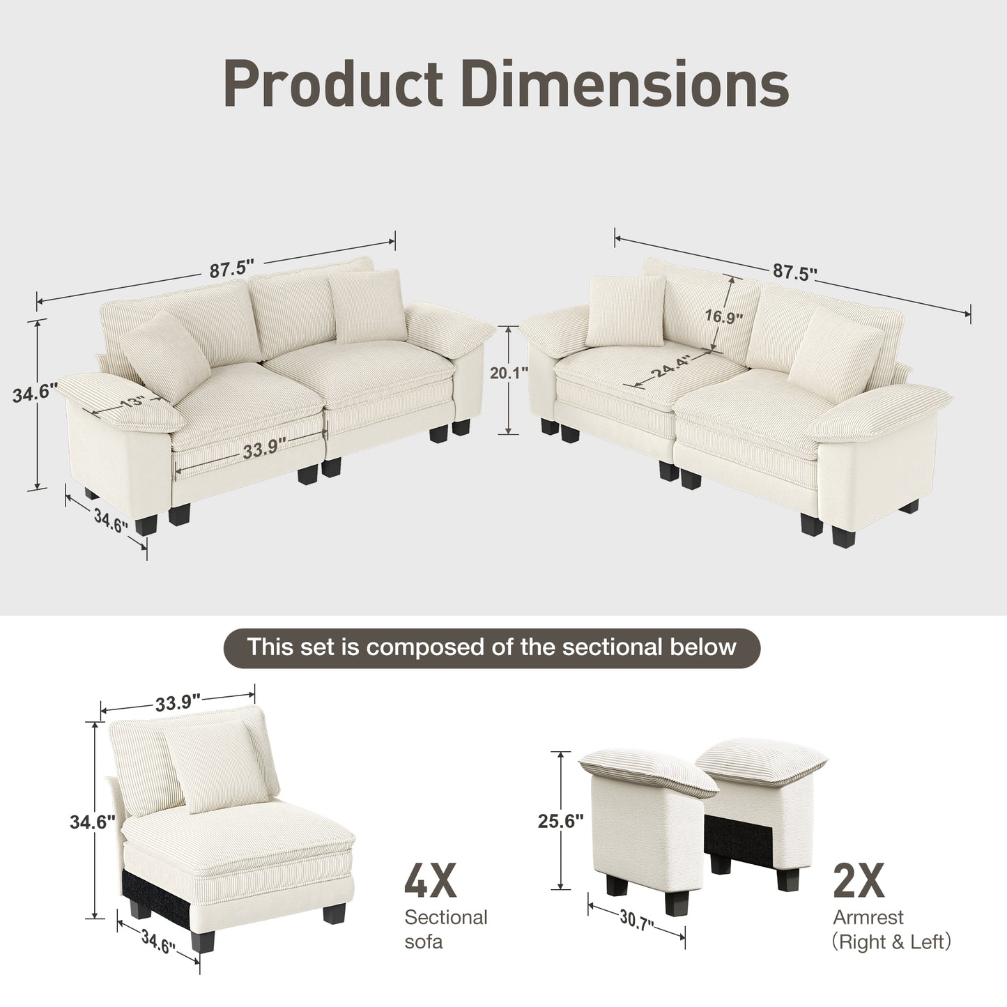 Captiva Designs Cloud Modular Loveseat Sofa Set, 2-Piece Sectional Couch with Deep Seats