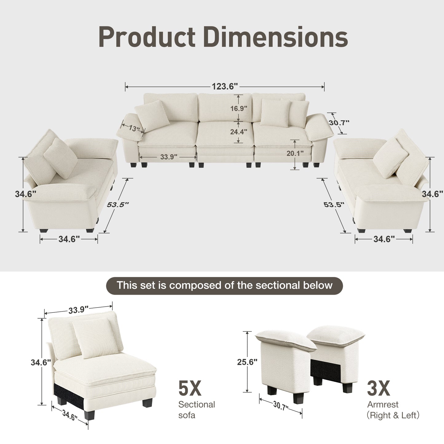 Captiva Designs Cloud Modular 3-Piece Sectional Sofa Set, 5-Seater Deep Seat Couch for Living Room