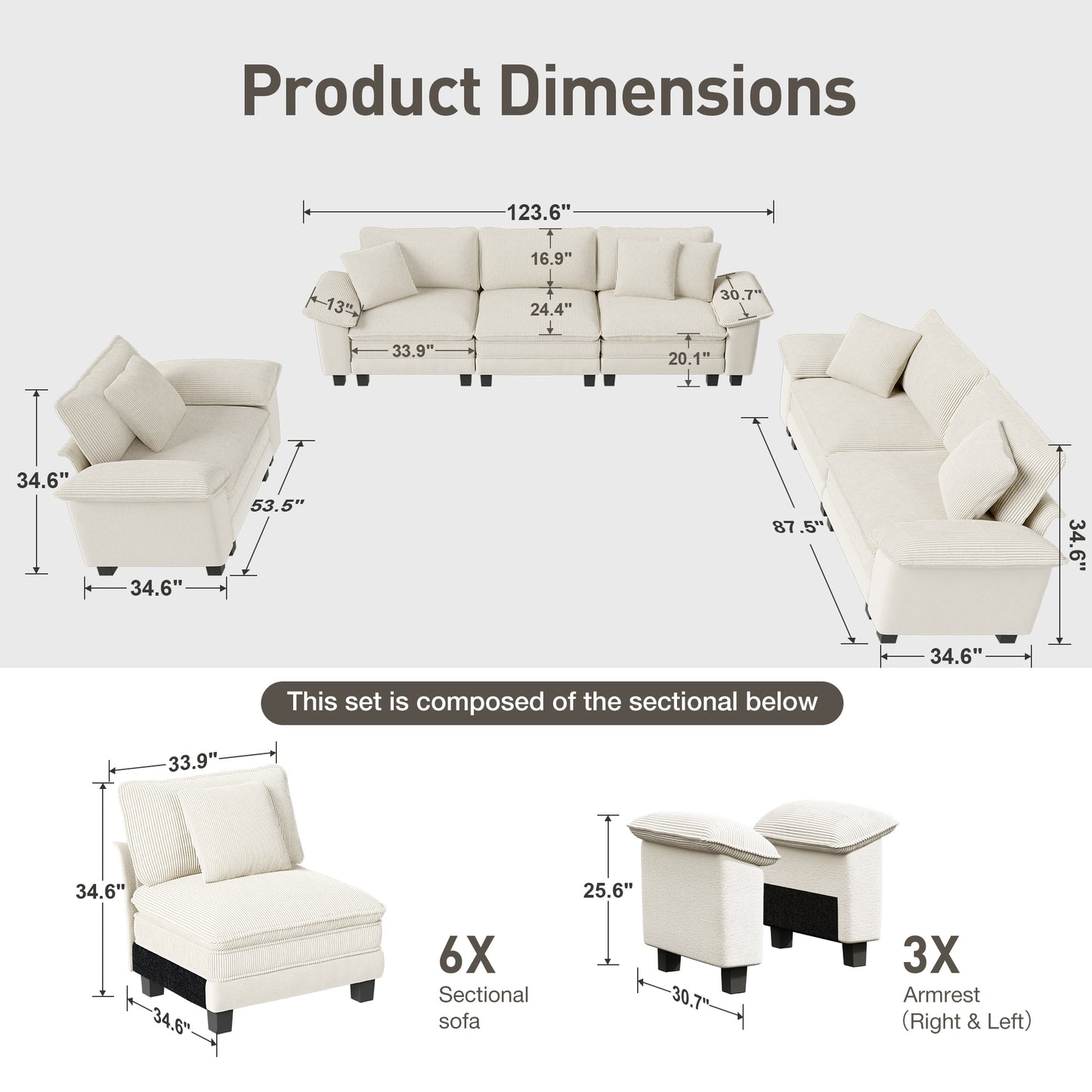 Captiva Designs Cloud Modular Sofa Set 3-Piece Sectional with Loveseat and Armchair Upholstered 6-Seater for Living Room
