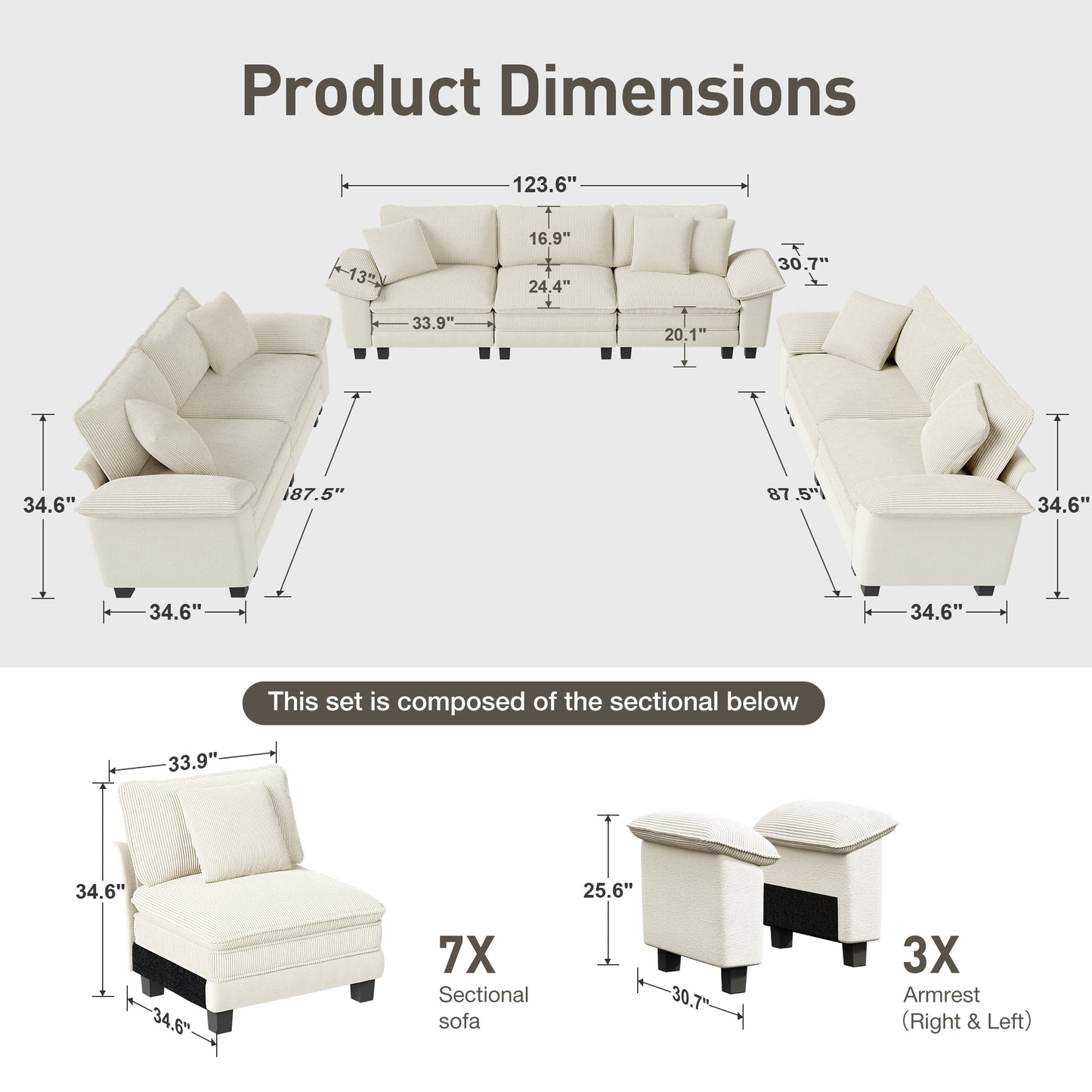 Captiva Designs Cloud Modular Sectional Sofa Set, 3-Piece 7-Seater Upholstered Couches for Living Room