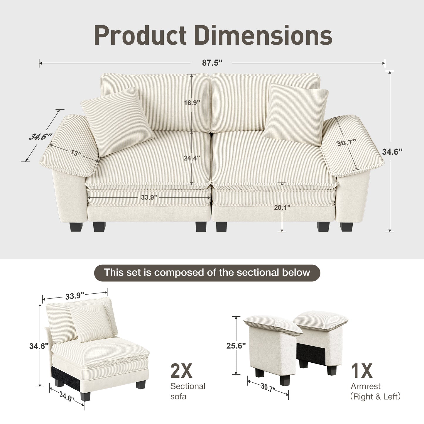 Captiva Designs Modular 2-Seater Loveseat Sofa, 87.5" Deep Sectional for Living Room & Bedroom