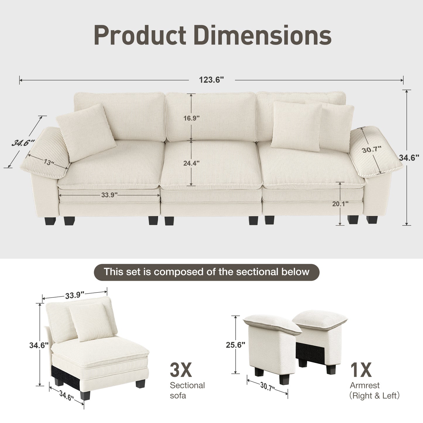 Captiva Designs 123.6" Cloud Modular Sofa, 3-Seater Deep Seat Sectional Couch for Living Room