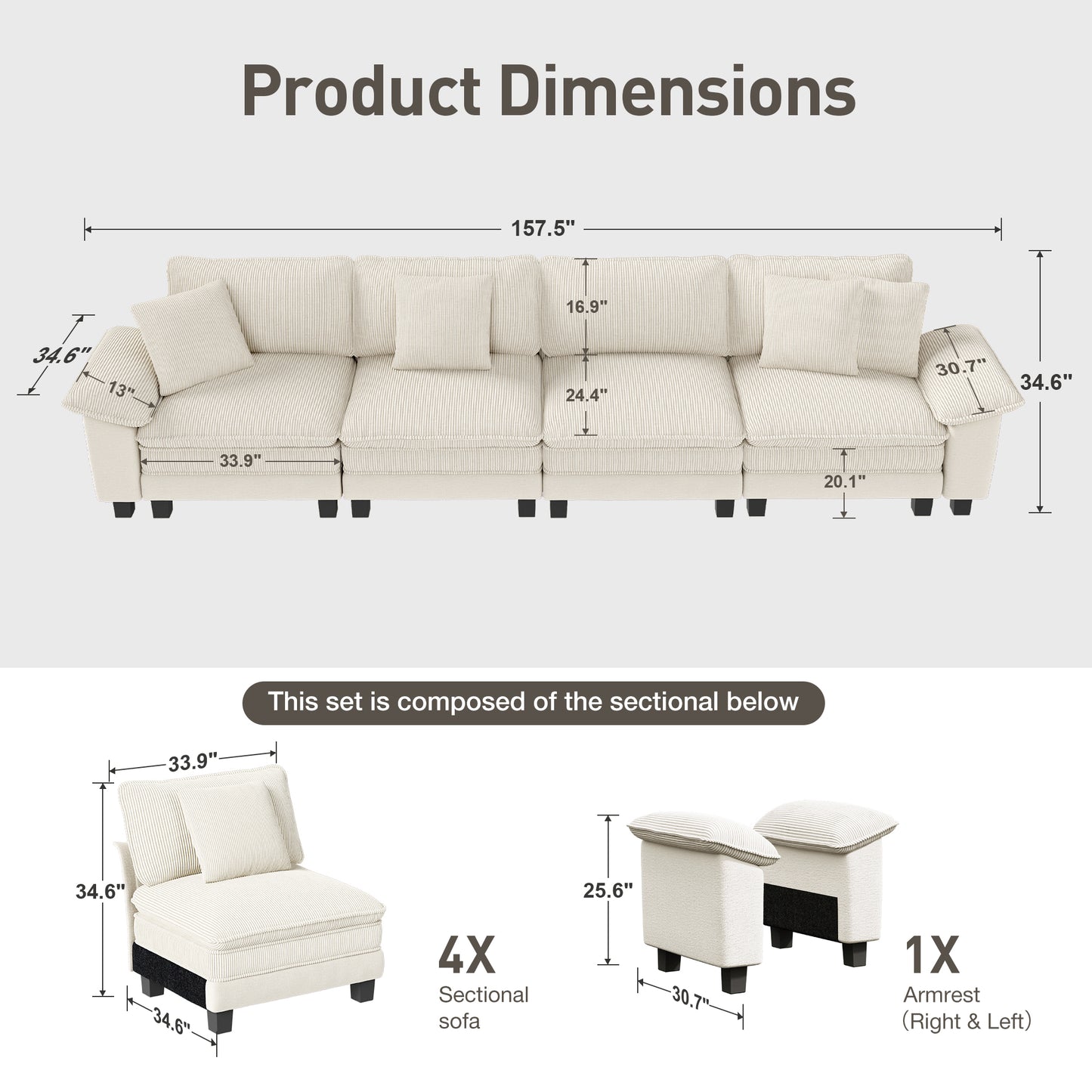 Captiva Designs Cloud Modular Sofa, 157.5" Sectional Couch with Deep Seats, 4-Seater Upholstered Sofa for Living Room