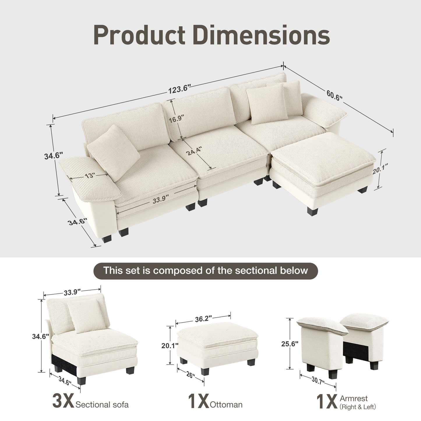 Captiva Designs 2-Piece Cloud Modular Sectional Sofa Set, 5-Seater Couch for Living Room