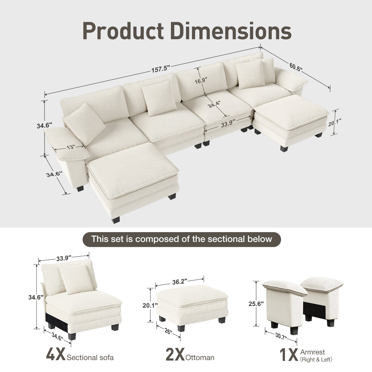 Captiva Designs Cloud Modular Sectional Sofa, 157.5" U-Shaped 6-Seater Couch with Ottomans