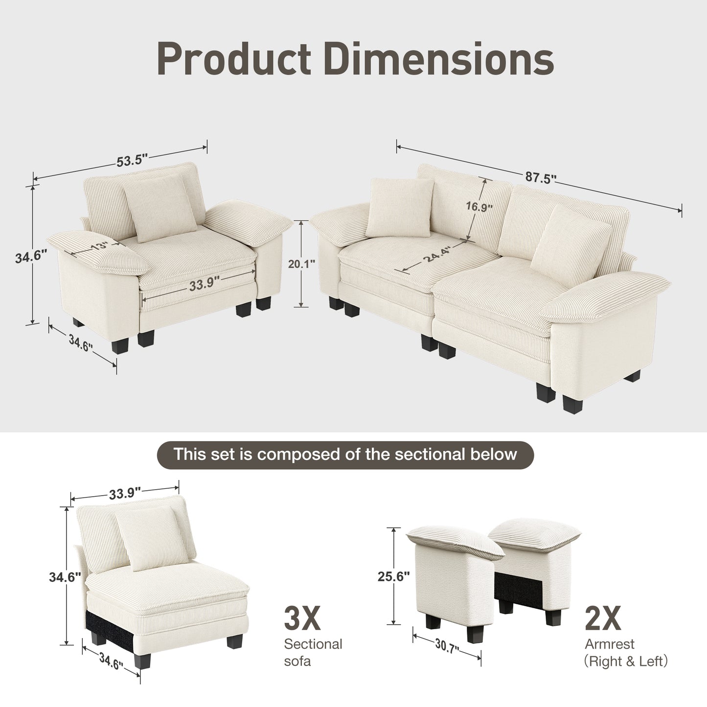Captiva Designs 2-Piece Cloud Modular Sectional Sofa, 3-Seater Loveseat Couch for Living Room