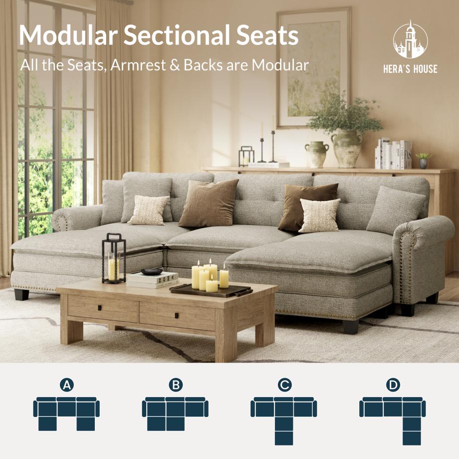 HERA'S HOUSE 150" Classic Mid-Century Modern Couch, Oversized U Shaped Pet Friendly Couch for Living Room, Comfy Cloud Sofa with Ottoman, 6-Seater Deep Seat, Linen Light Grey