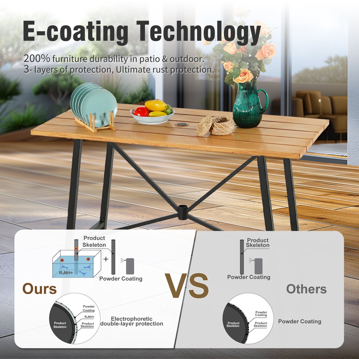 Captiva Designs 5pc Patio Slat-top Rectangle Wood-look Finished Metal Bar Table & Sling Swivel Bar Stools