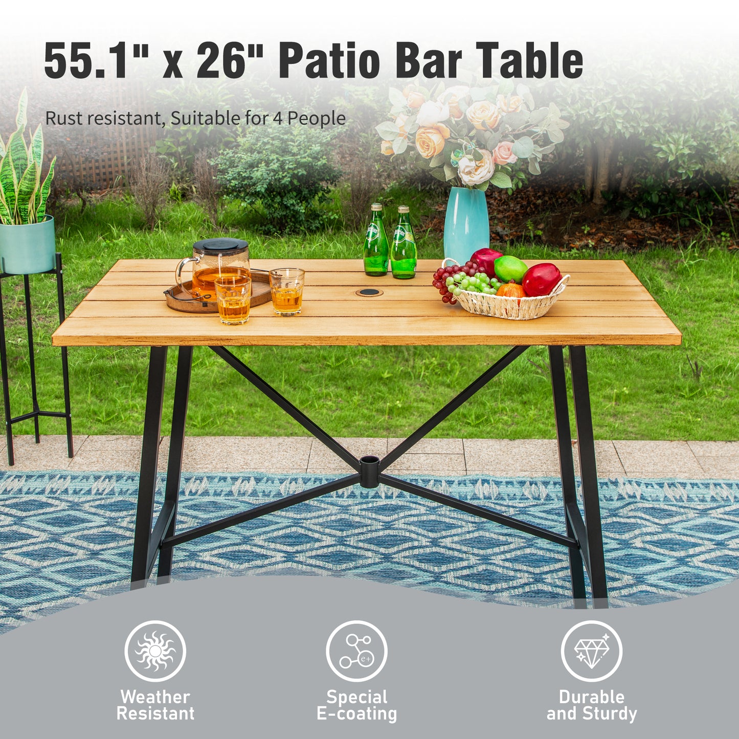 Captiva Designs 5pc Patio Slat-top Rectangle Wood-look Finished Metal Bar Table & Sling Swivel Bar Stools