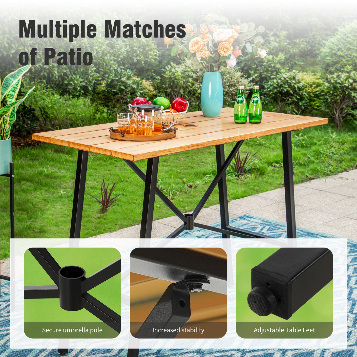Captiva Designs 5pc Patio Slat-top Rectangle Wood-look Finished Metal Bar Table & Sling Swivel Bar Stools