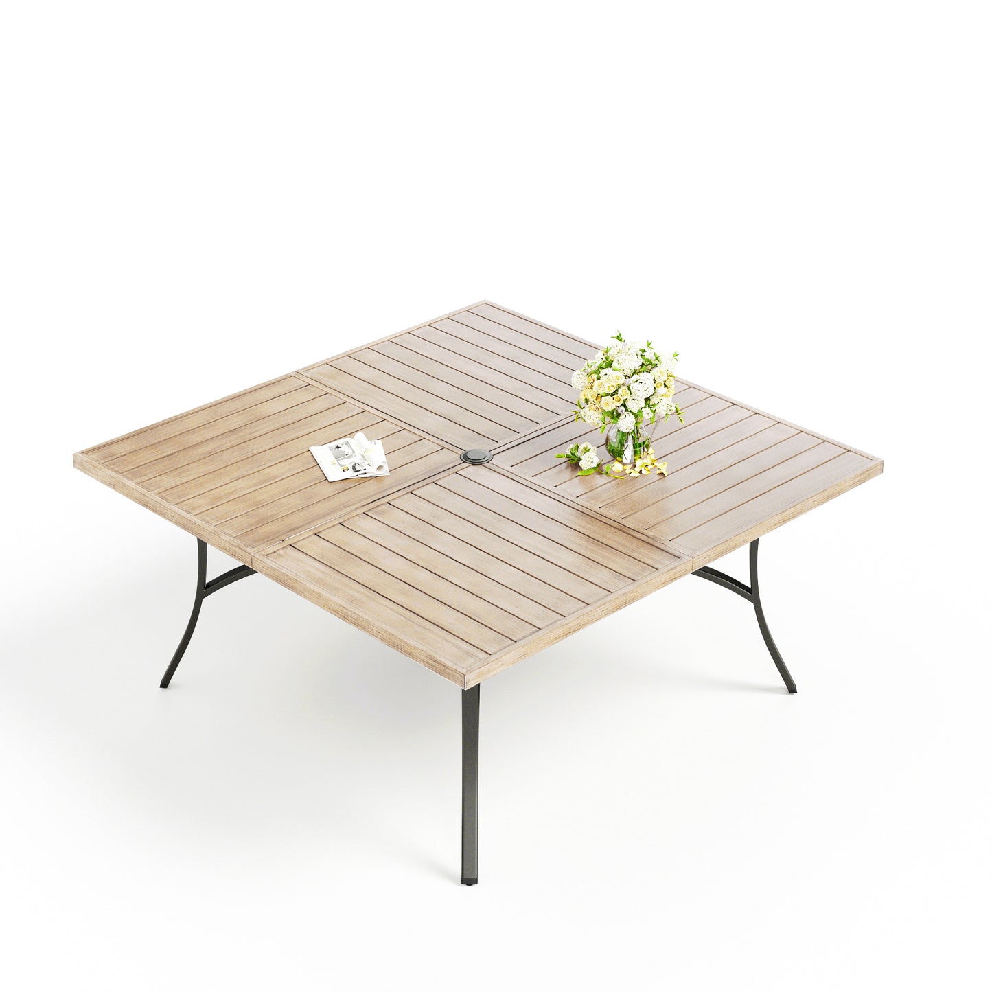 Captiva Designs 1pc Patio Spacious Slat-top Square Metal Table with Umbrella Hole for 8
