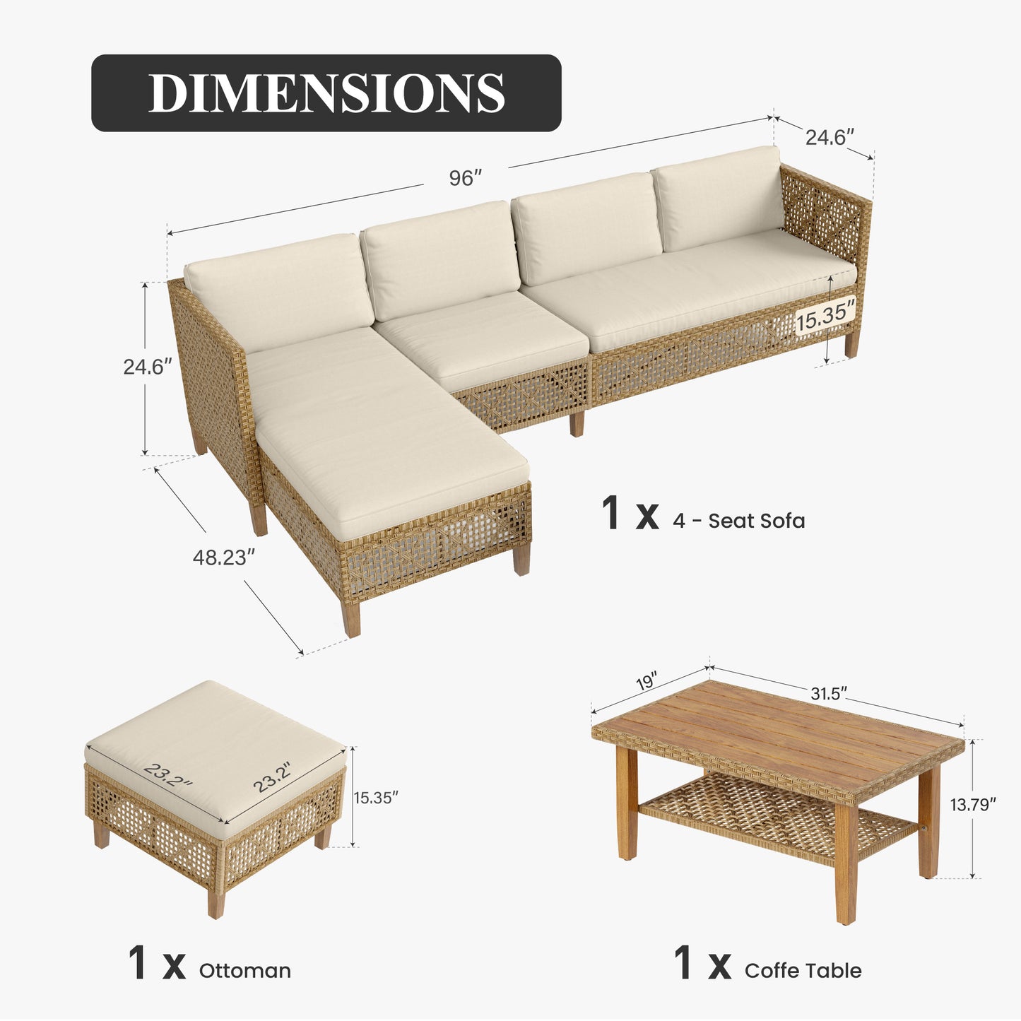 Captiva Designs Wicker Rattan Patio Furniture Sectional Sofas Conversation Set with Ottoman and Cushions