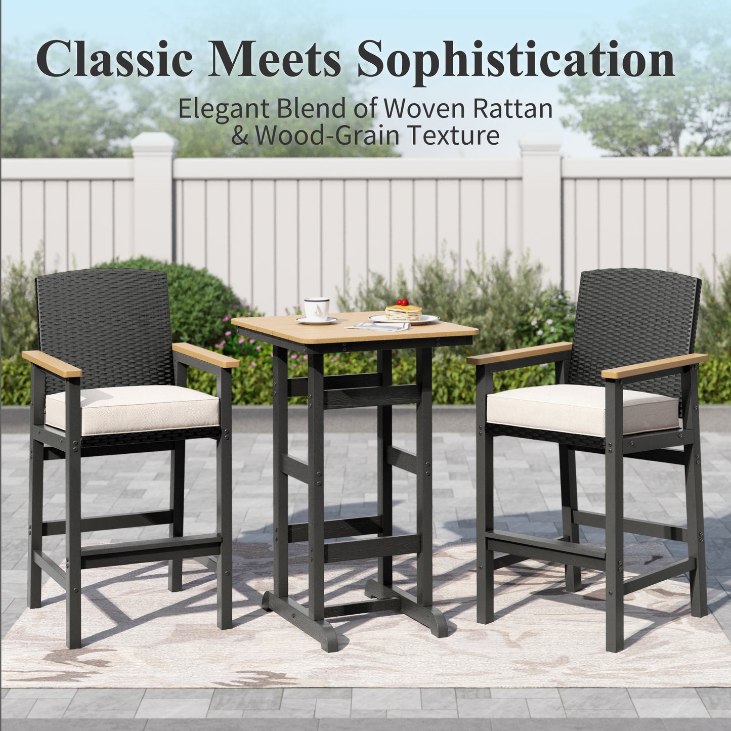 Captiva Designs 3Pc Outdoor Bistro Height Bar Table and 2 Bar Stools with Wicker Backrest and Comfy Cushion