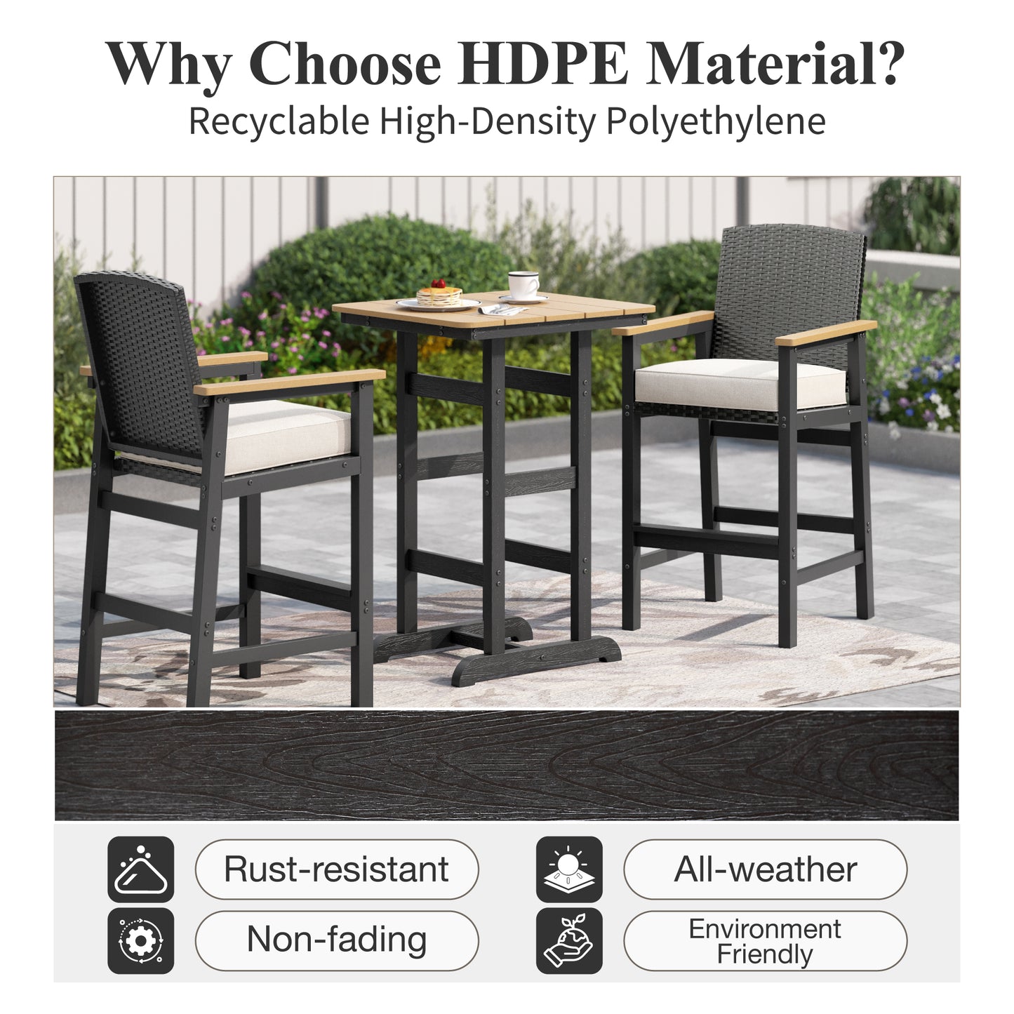 Captiva Designs 3Pc Outdoor Bistro Height Bar Table and 2 Bar Stools with Wicker Backrest and Comfy Cushion