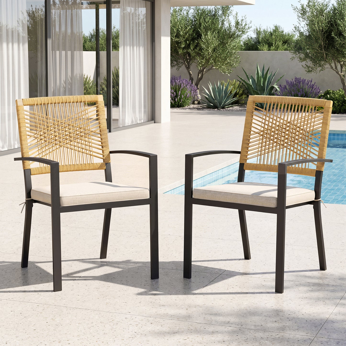 Captiva Designs Patio Dining Polyrattan Chairs with Steel Armrests and Wooden Wicker Back