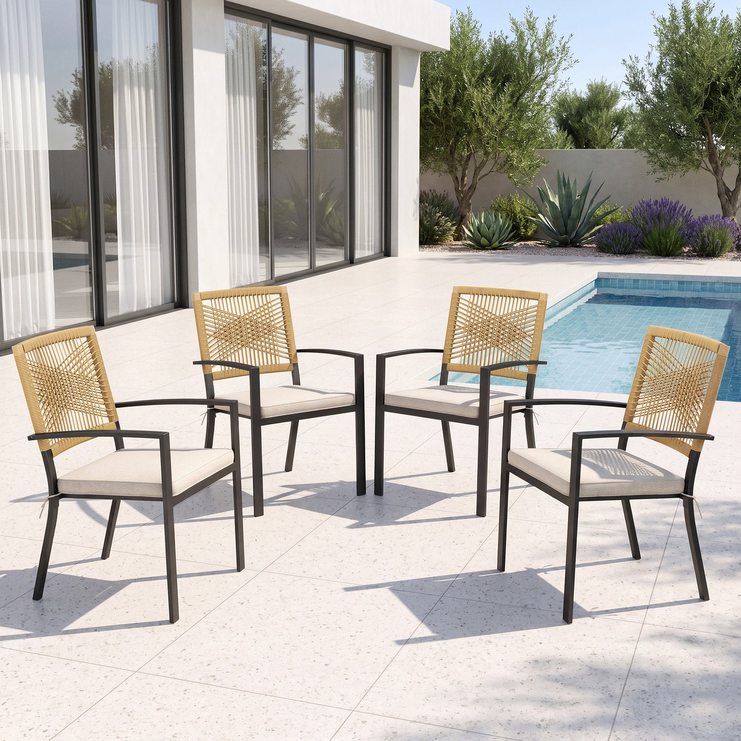 Captiva Designs Patio Dining Polyrattan Chairs with Steel Armrests and Wooden Wicker Back