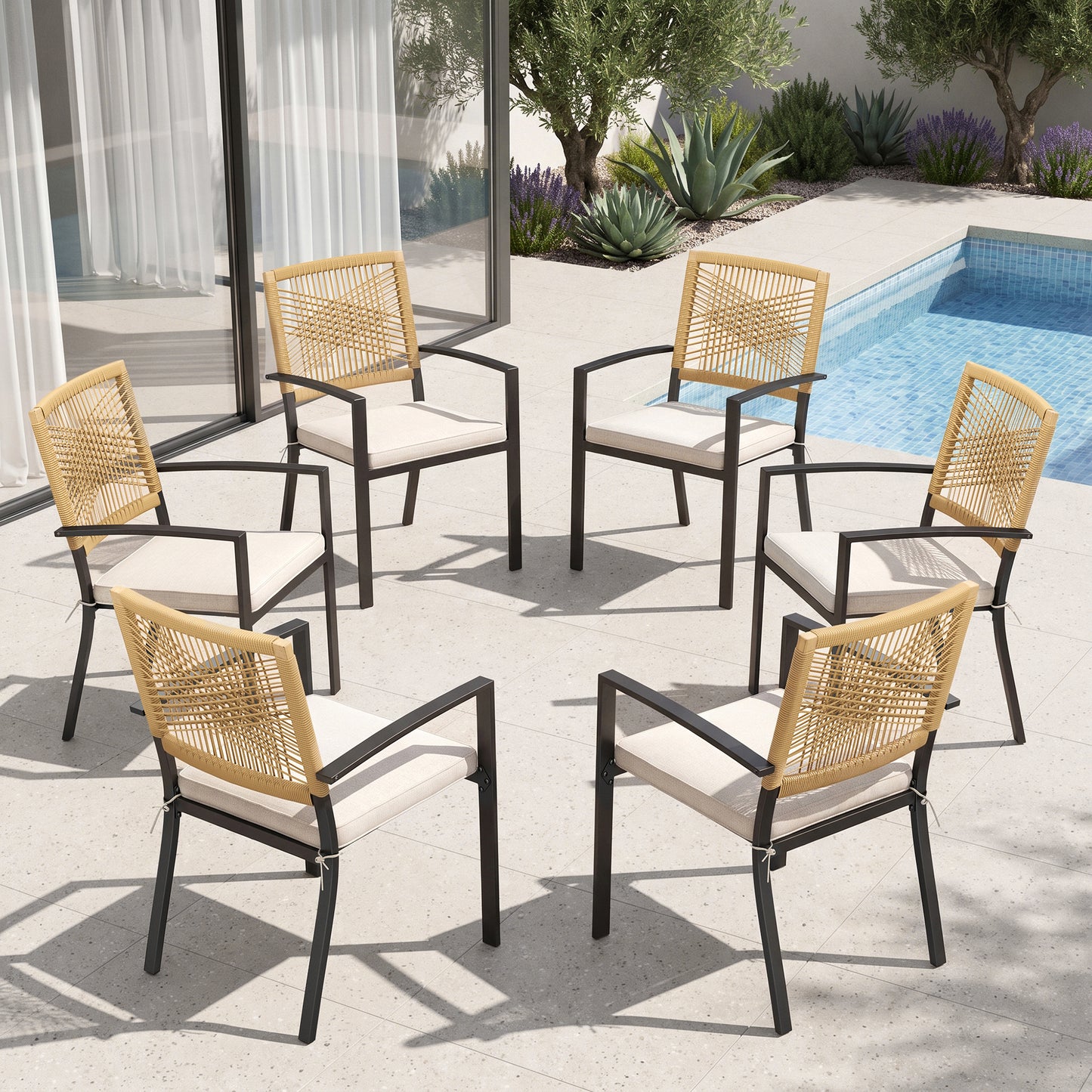Captiva Designs Patio Dining Polyrattan Chairs with Steel Armrests and Wooden Wicker Back