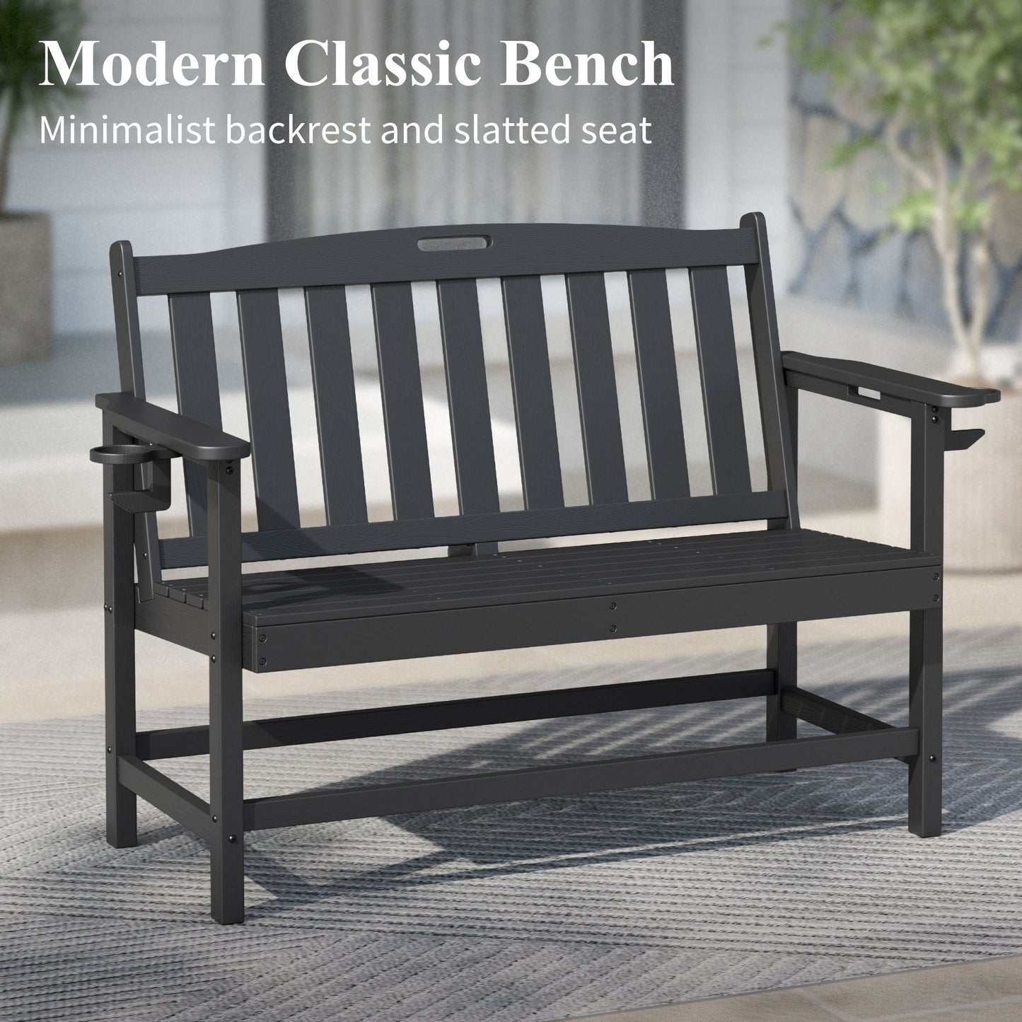 Captiva Designs HDPE Outdoor Bench with Cup Holders, Weather-Resistant 2-Person Patio Bench, 700 lb Capacity, Garden & Porch Seating