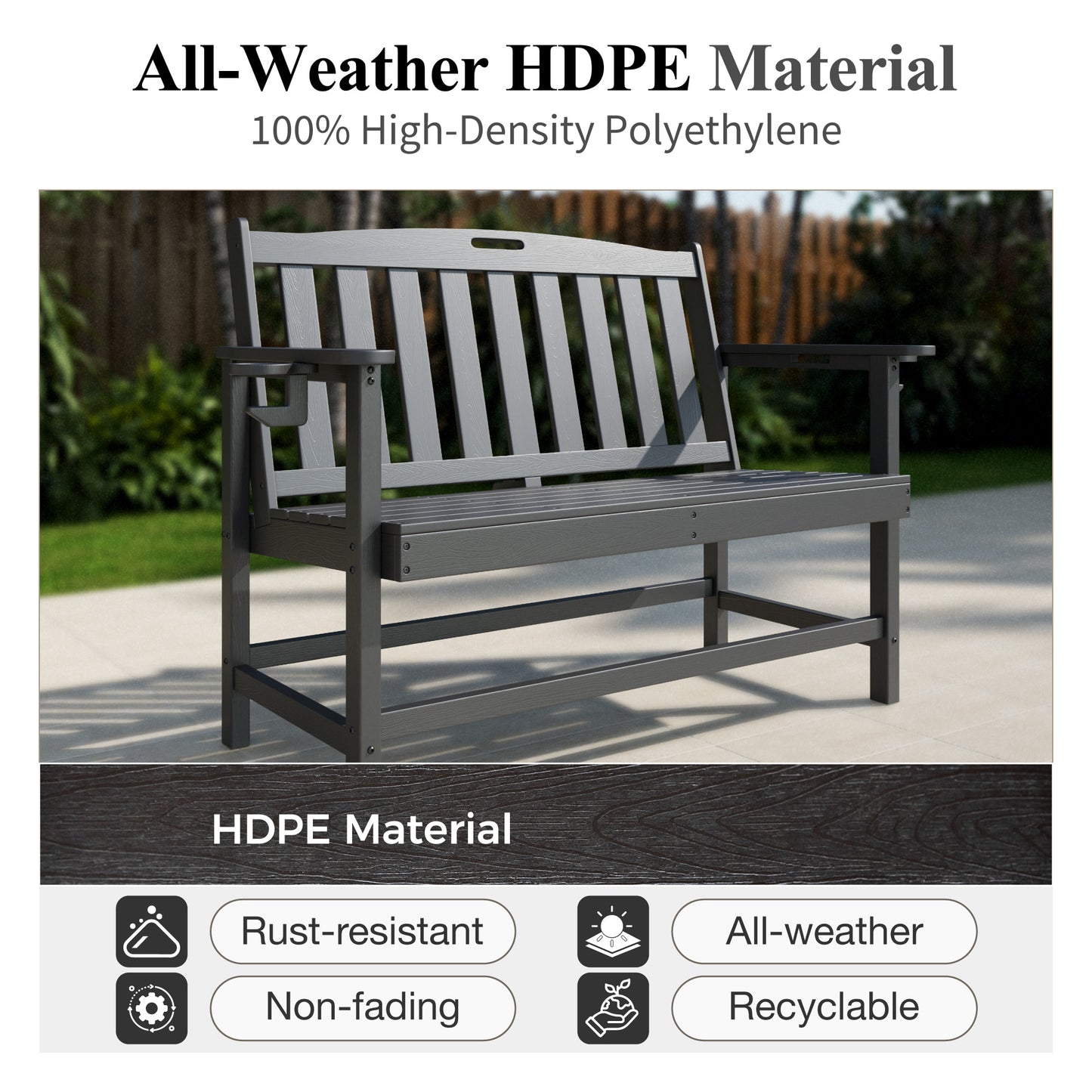 Captiva Designs HDPE Outdoor Bench with Cup Holders, Weather-Resistant 2-Person Patio Bench, 700 lb Capacity, Garden & Porch Seating