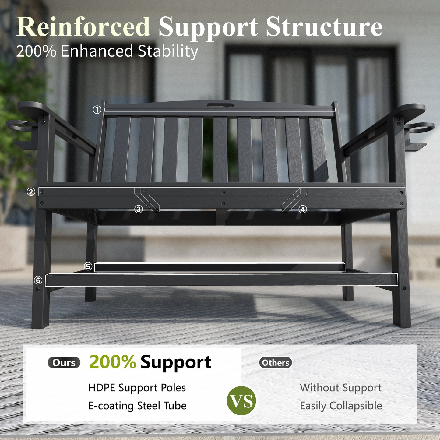 Captiva Designs HDPE Outdoor Bench with Cup Holders, Weather-Resistant 2-Person Patio Bench, 700 lb Capacity, Garden & Porch Seating